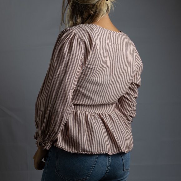 Madewell Puff-Sleeve Peplum Wrap Top in Stripe / SMALL / SWEET TULIP - Picture 2 of 4